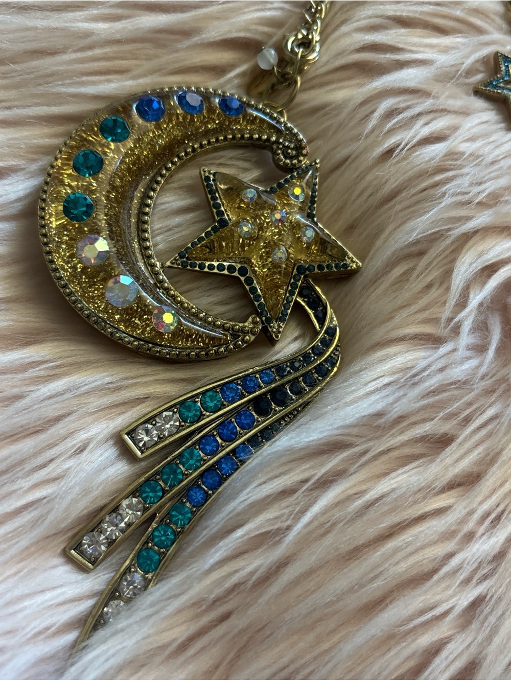 Gold-tone Crescent Moon and Star Pendant Necklace with Blue Accents - Picture 3 of 4
